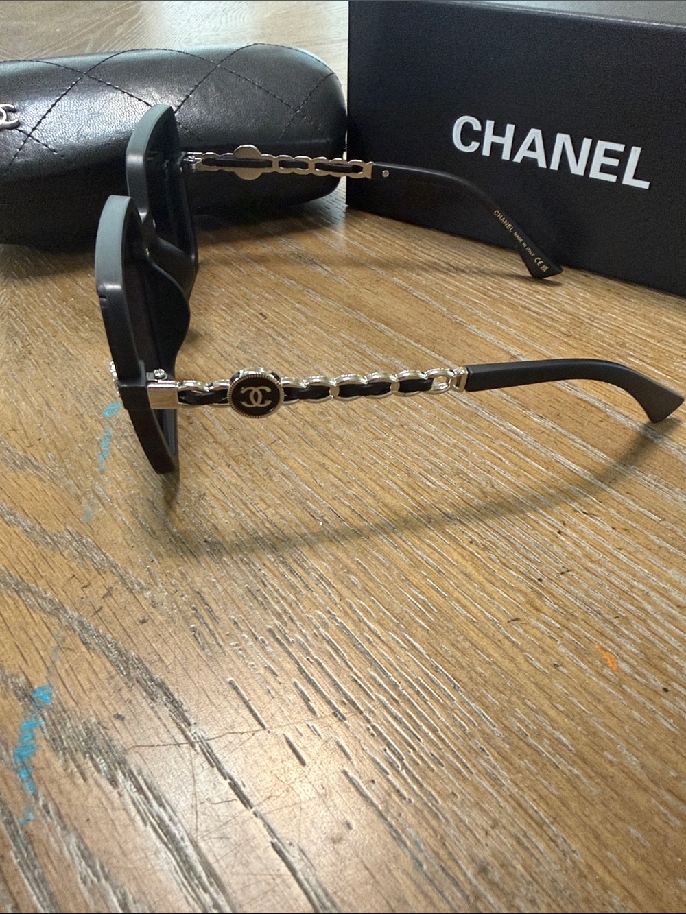 CHANEL Black & Silver Oversized Square Chain-Accent Sunglasses - Picture 6 of 9